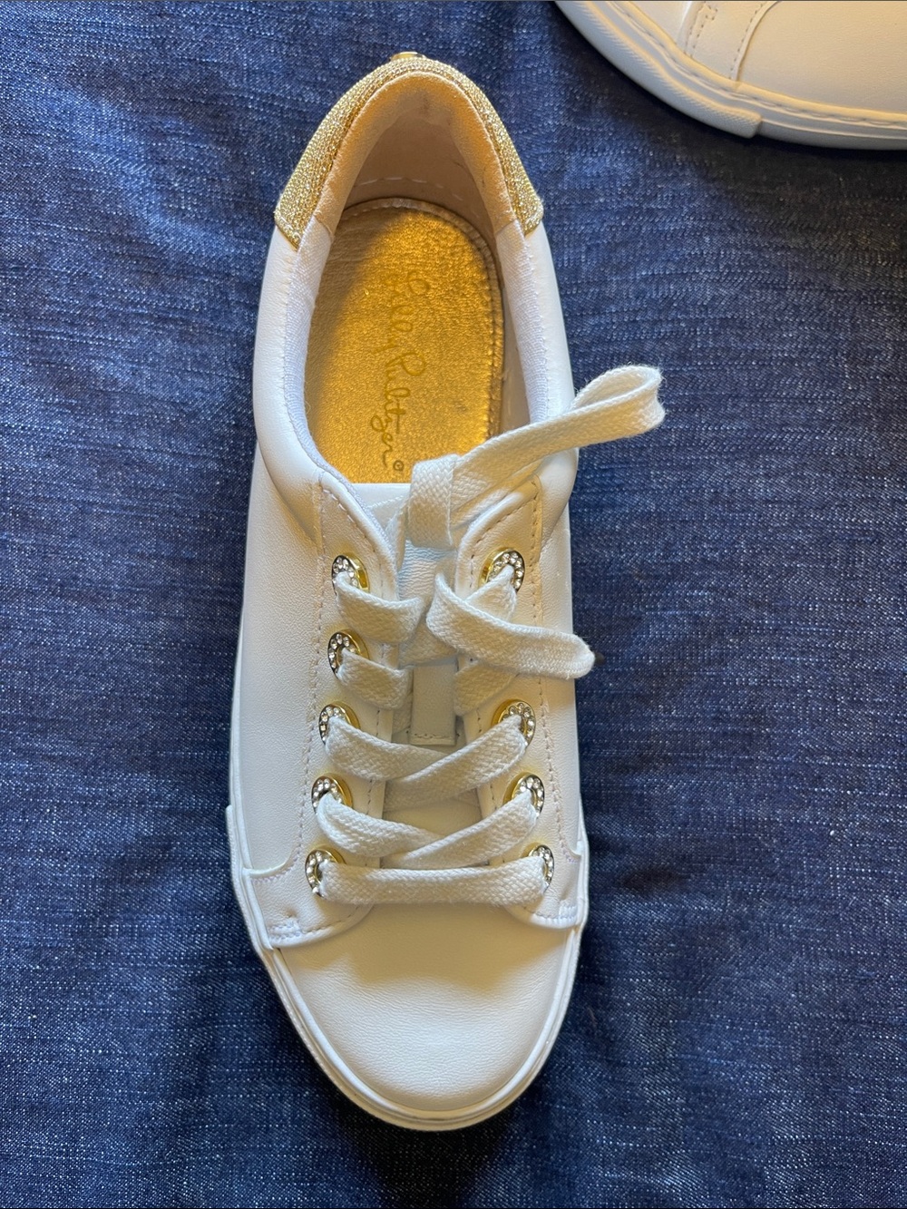 Lilly Pulitzer Leather White Sneakers with Gold Accents - Picture 5 of 8